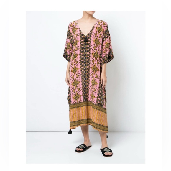 Figue Eliza V-Neck Gypsy Batik-Print Kaftan Dress Coverup Silk - Picture 2 of 6